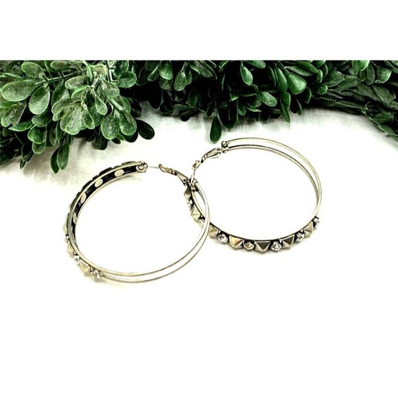 Silver Tone Hoop Earrings With Rhinestone and Stud Detailing - Picture 3 of 6